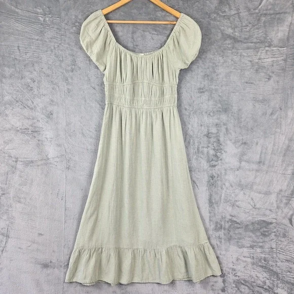 Womens Dress Medium Green Milkmaid Linen Boho Tiered Midi Babydoll Cottagecore - Picture 1 of 8
